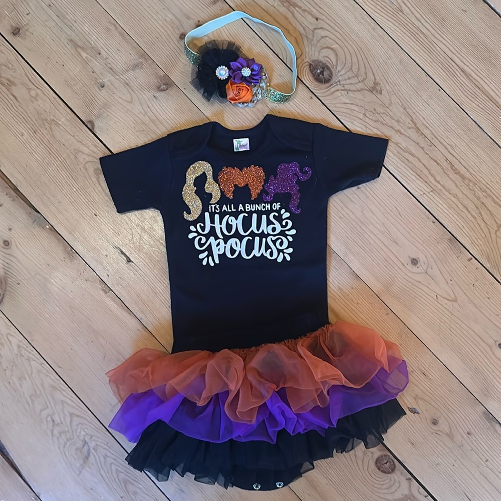 Kids Black Hocus Pocus Matching Set with Orange & Purple Tutu